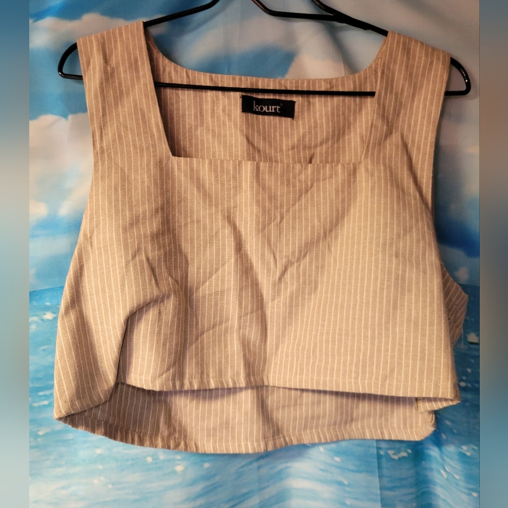 Kourt NWT Linen Blend Taupe Striped Crop Top‎ Women's Size Large